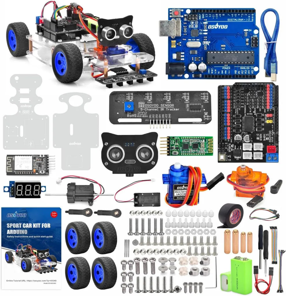OSOYOO Carrello Robot Sportivo per Arduino Uno | Kit Fai-da-Te con Servosterzo | Guida Simulata Bluetooth | WiFi IoT | Guida Autonoma | Programmabile in C++