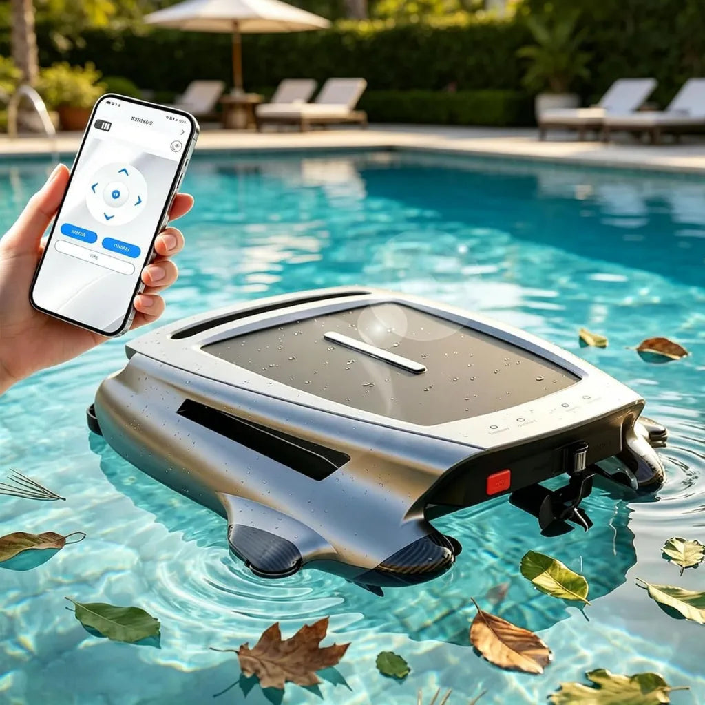 Skimmer Solare Robotizzato per Piscina con Evitamento Ostacoli, Batteria 5200 mAh e Cestello 3,8 L
