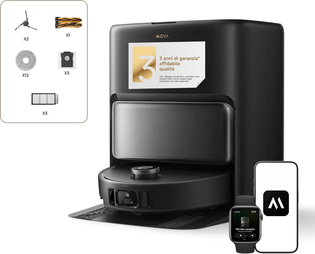 Robot Aspirapolvere e Lavapavimenti Mova V50 Ultra, 24000 Pa, Autosvuotante, Sistema di Lavaggio Termico, Tecnologia StepMaster, Nero
