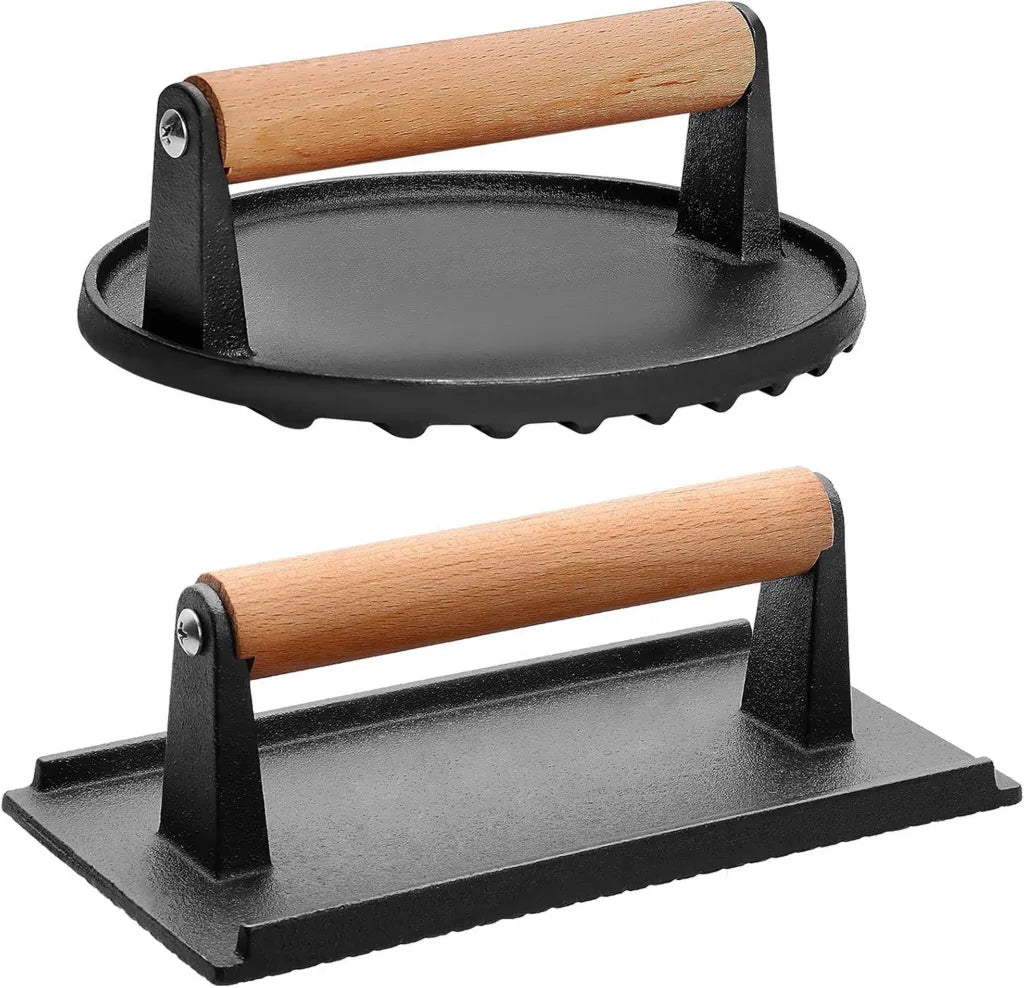 CEKEE Stampo Hamburger in Ghisa con Manico in Legno, Ideale per Piastra e Griglia