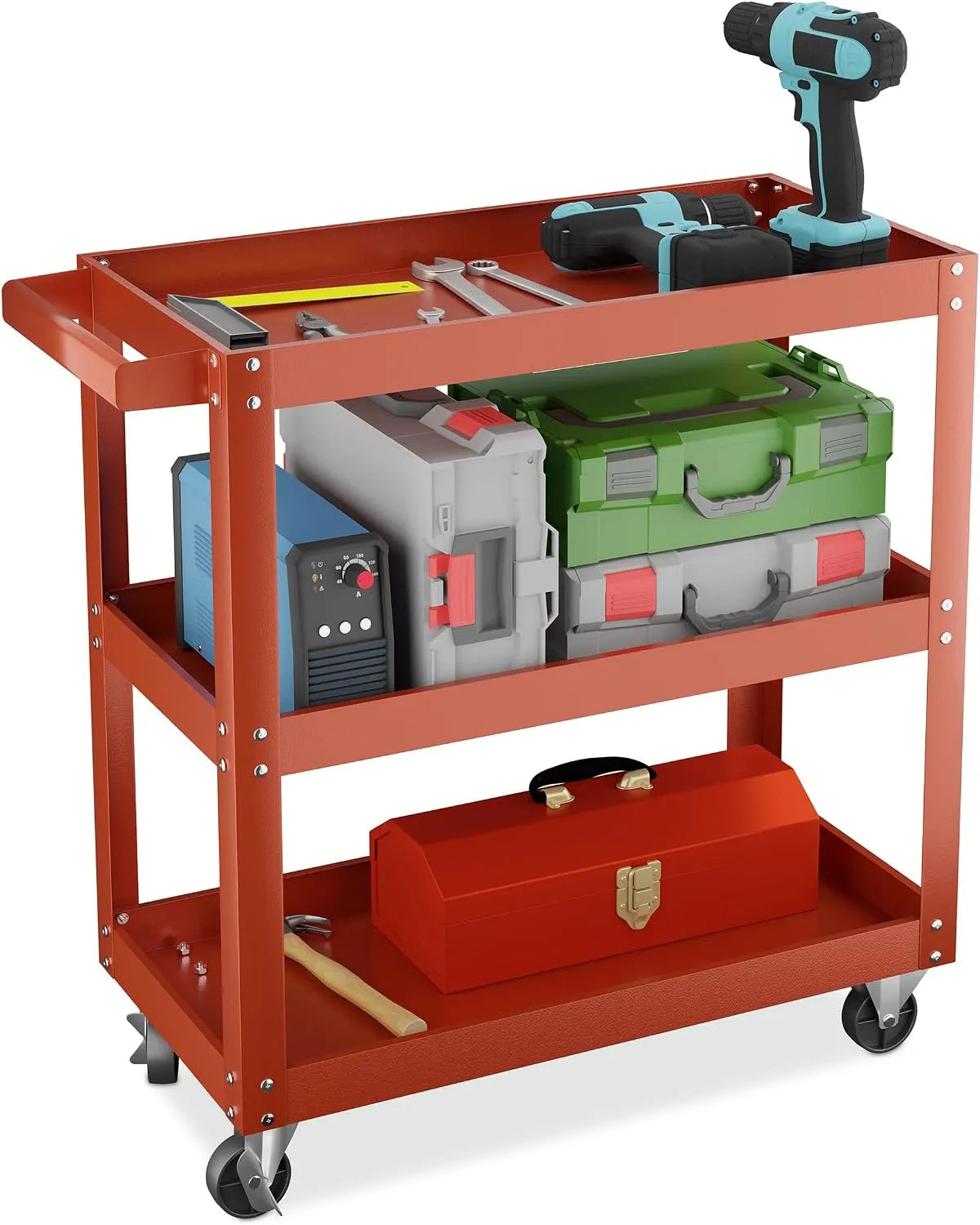 Carrello portautensili e carrello da officina – con ripiani, 3 Ripiani, 76 × 78 × 35 cm, 100 kg, per officina e fai da te, rosso