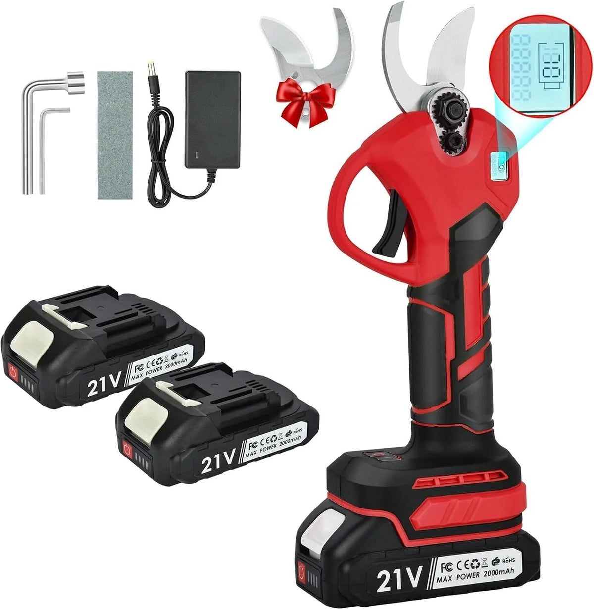Forbici da potatura: LCD, a batteria, con display, 30 mm, 21 V, rosso