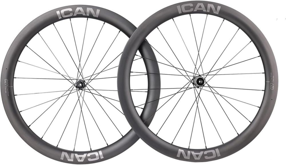 Set Ruote Corsa 700C ICAN G27 in Carbonio, 50mm Aerodinamiche, 1305g, 27mm Tubeless, Compatibile Freno a Disco