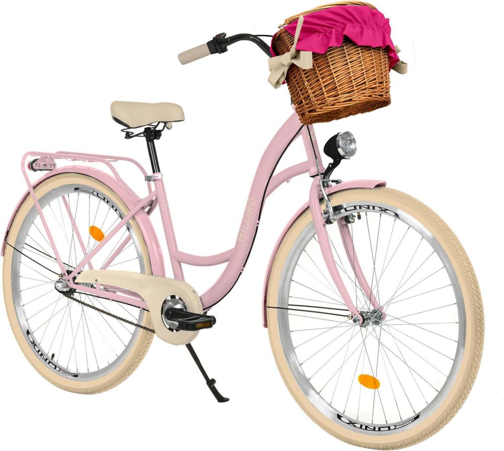 Bicicletta da Donna Vintage 28'' con Cesto in Vimini, 3 Marce, Rosa Crema