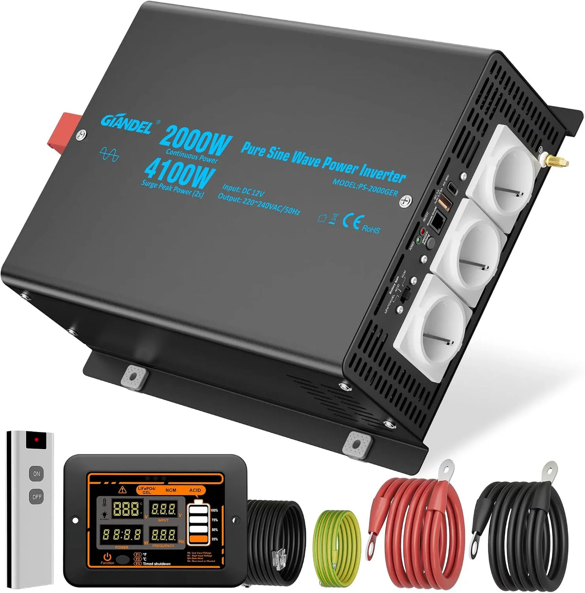 Inverter CC-CA e convertitore di tensione, 2000W, 12V, 230V, onda sinusoidale pura, per campeggio e camper