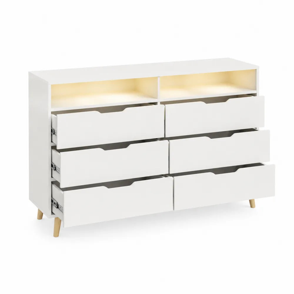 Cassettiera bianca con 8 cassetti in MDF e gambe in legno massello