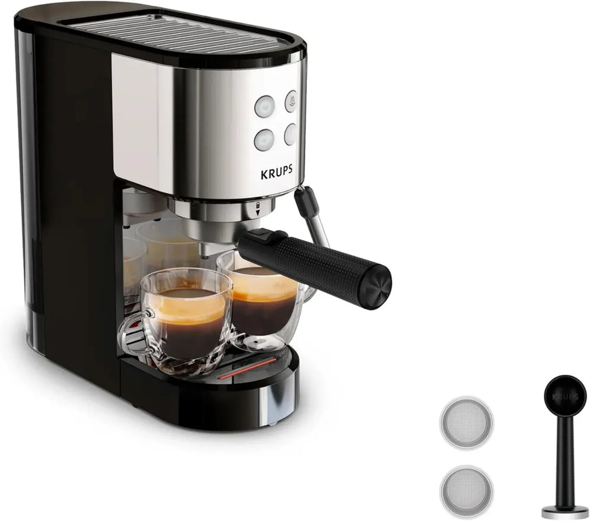 Krups Macchina Espresso Virtuoso XP441810 - Acciaio Inox, 15 Bar, Design Compatto, Pannello a 4 Funzioni, Accessori da Barista