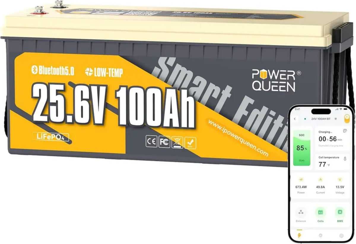 Batteria Litio 24V 100Ah LiFePO4 con Bluetooth, 15000 Cicli, 10 Anni di Vita, Protezione Congelamento, 100A BMS, Ideale per Barche e Sistemi Off-grid