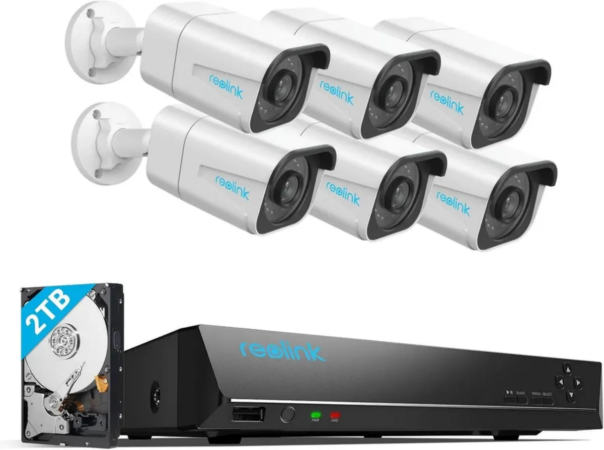 Reolink Sistema di Sorveglianza 4K PoE con Rilevamento Intelligente, NVR 8 Canali 2TB e 6 Telecamere Esterne, Visione Notturna 30m