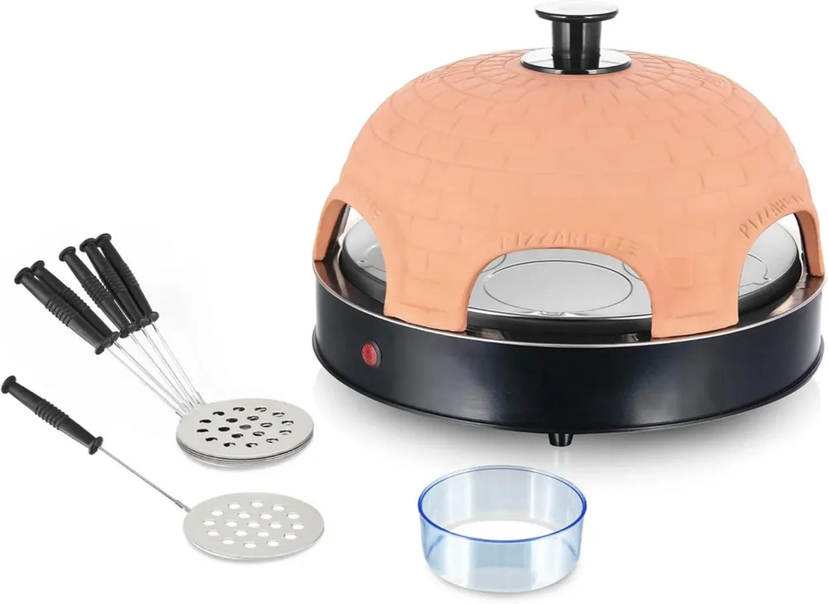 Forno da Tavolo Emerio 1200W, Rivestimento Antiaderente in Ceramica, Colore Nero e Arancione, Capacità per 6 Pizze