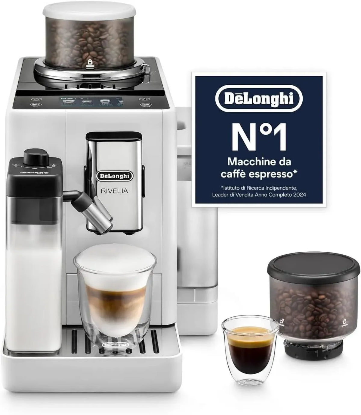 Macchina da Caffè Automatica De'Longhi Rivelia con Sistema LatteCrema, 16 Bevande, Display Touch, Bianco