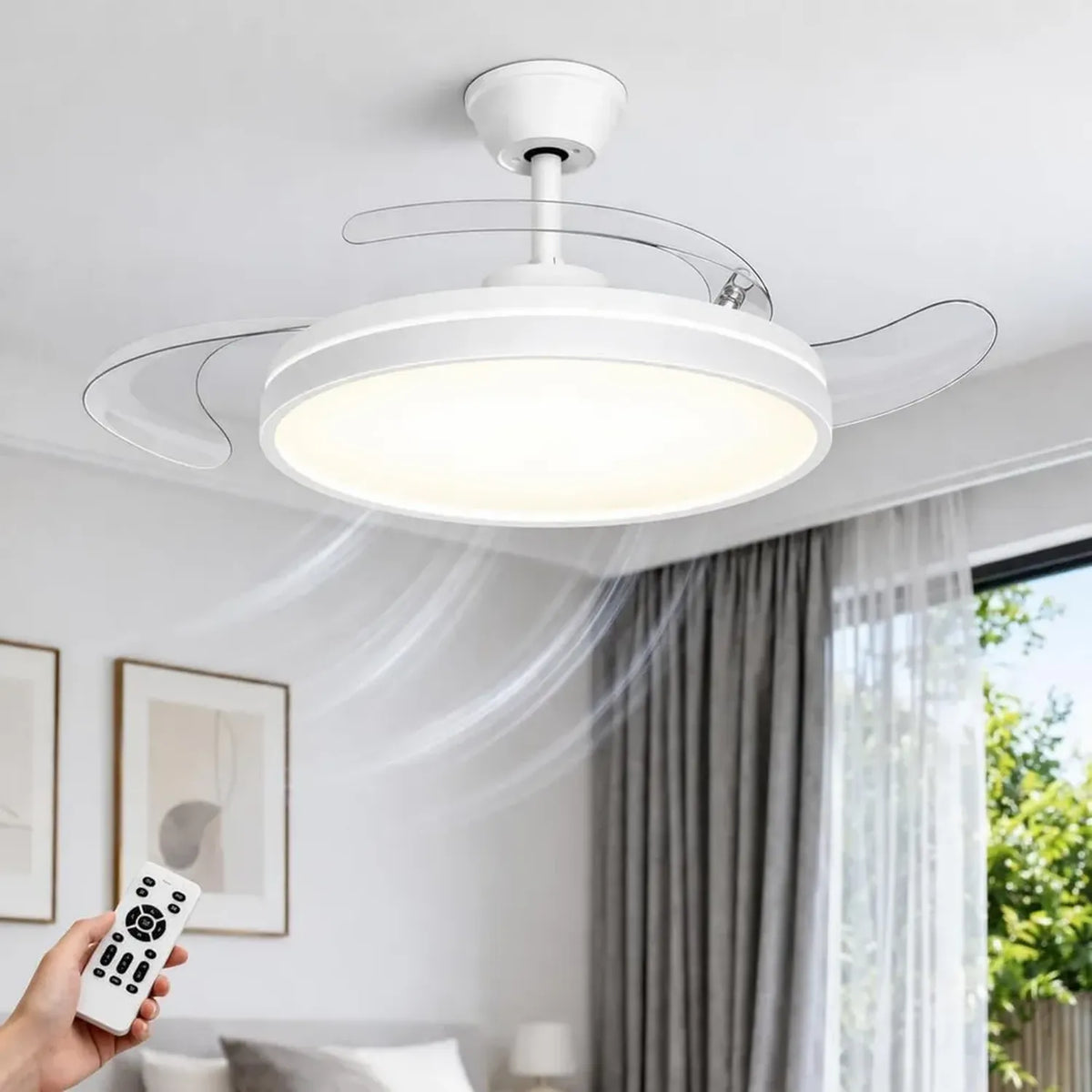 Ventilatore da Soffitto 106cm con Luce Retrattile, Silenzioso DC, 6 Velocità, 3 Colorazioni, Telecomando, Uso Reversibile, Bianco
