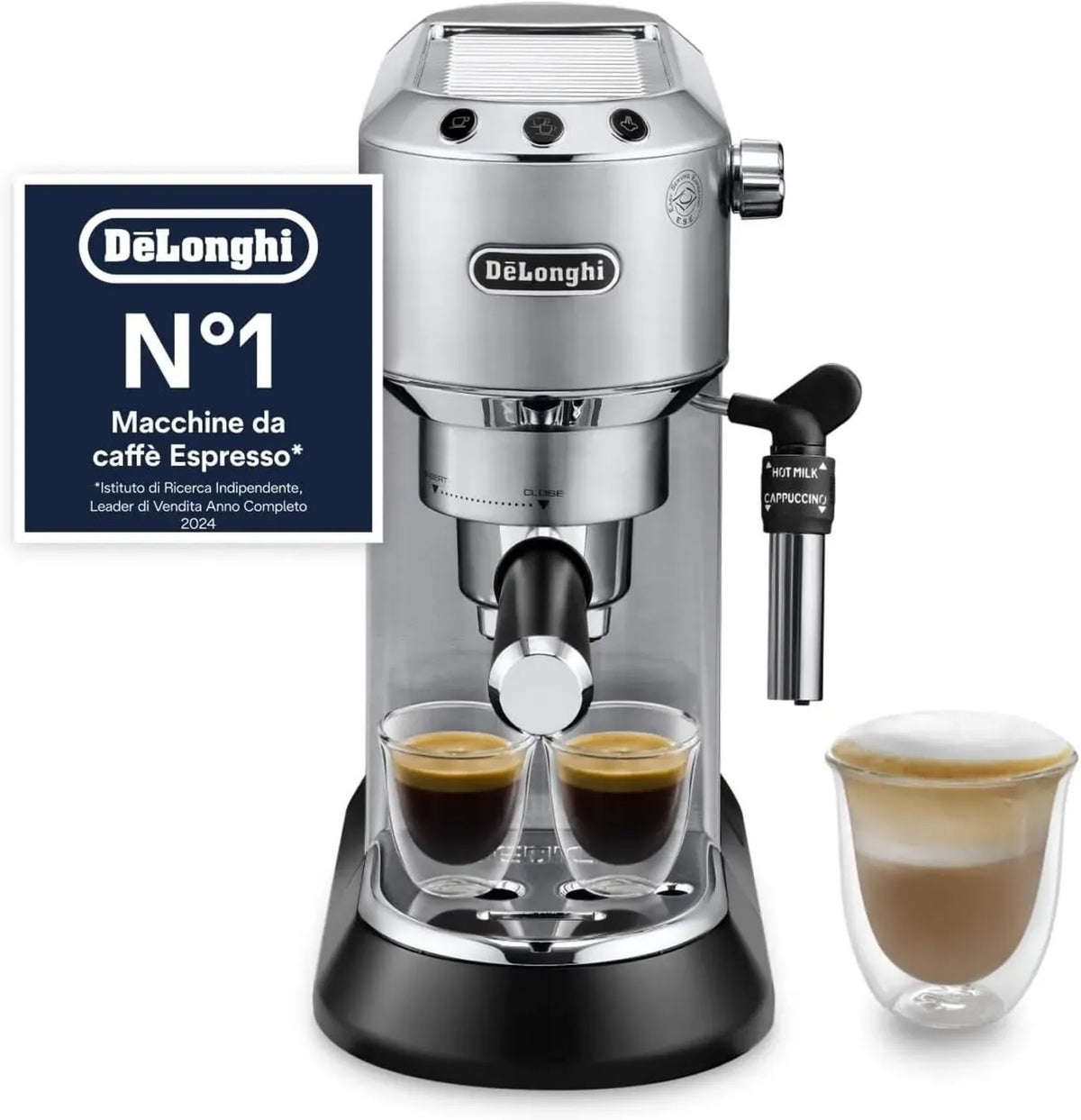 Macchina da Caffè Espresso De'Longhi Dedica, Compatibile Cialde ESE, Montalatte Manuale, 15 cm, Argento