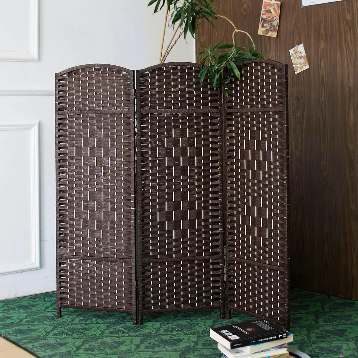 Paravento pieghevole a 3 pannelli in rattan marrone scuro, 120x119,9 cm