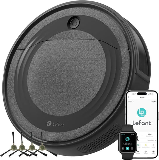 Aspirapolvere Robot Lefant M310 4500Pa, 180 Min, Sensori Anti-Collisione, 4 Modalità di Pulizia, Compatibile con WiFi, App e Alexa, Design Compatto 28cm, Ideale per Peli di Animali e Pavimenti Duri, Nero
