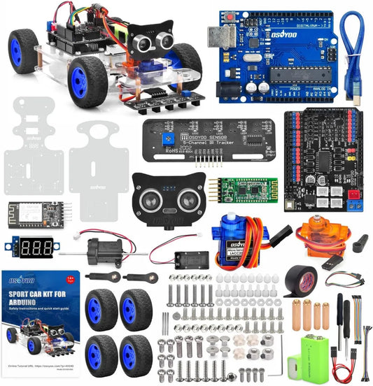OSOYOO Carrello Robot Sportivo per Arduino Uno | Kit Fai-da-Te con Servosterzo | Guida Simulata Bluetooth | WiFi IoT | Guida Autonoma | Programmabile in C++