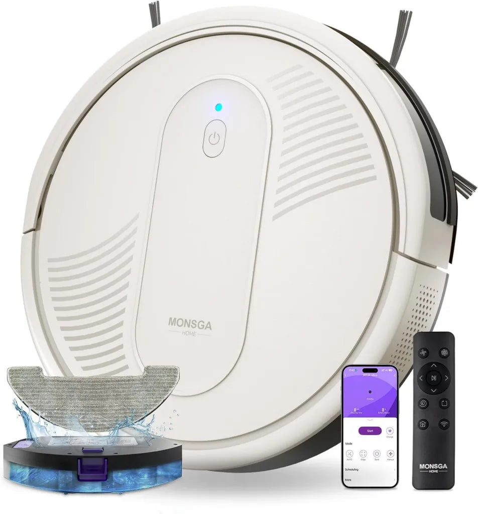 Robot Aspirapolvere Lavapavimenti 4000Pa, 140 Minuti, Controllo via App e Alexa, Silenzioso, Beige
