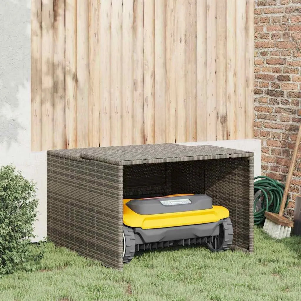 Copertura per Robot Tagliaerba in Rattan Sintetico, Grigio, con Telaio in Acciaio Verniciato a Polvere, Resistente alle Intemperie, 86 x 90 x 52/57 cm
