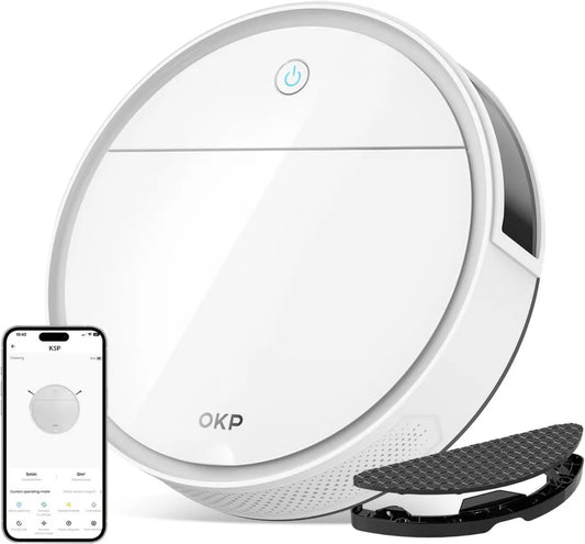 Robot Aspirapolvere OKP K5 Pro con Potente Aspirazione 5000Pa, Batteria Lunga Durata 180 Minuti, Design Ultra Sottile 7,7 cm, Navigazione Intelligente e Ricarica Automatica, Compatibile con Pavimenti Duri e Animali, Controllo WiFi/App/Alexa