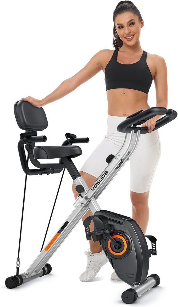 YOSUDA Cyclette Pieghevole Multifunzionale, Capacità 150 kg, Salvaspazio con Fascia di Resistenza, 8 Livelli Magnetici