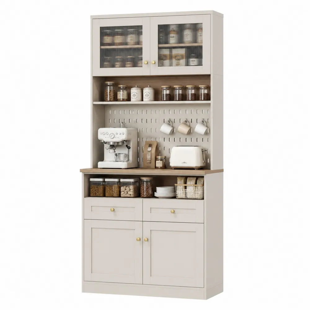 Credenza da cucina in legno con ante in vetro temperato, 180x90x40 cm, beige