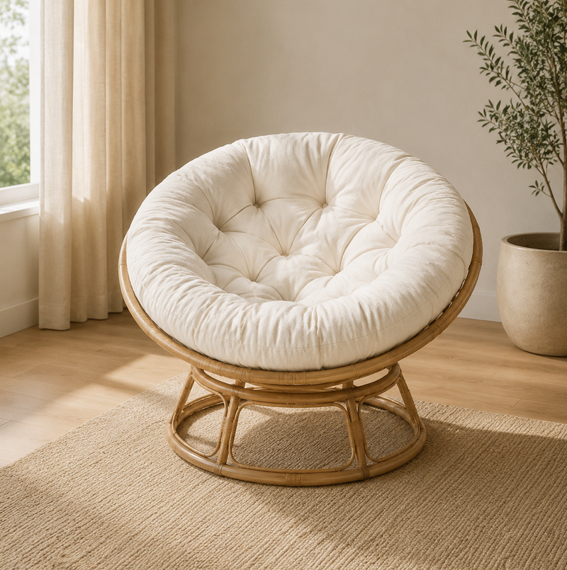 Sedia papasan in rattan con cuscino in tessuto beige