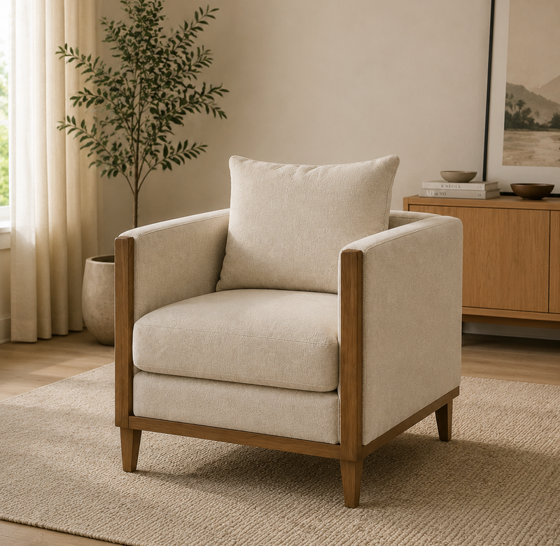 Poltrona in Legno e Tessuto Beige