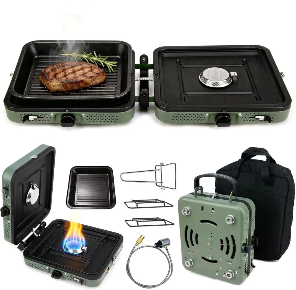 Fornello a Gas Portatile per Campeggio 2 Fuochi 4400W con Piastra Grill e Borsa Trasporto
