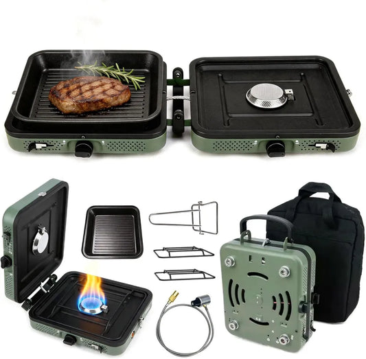 Fornello a Gas Portatile per Campeggio 2 Fuochi 4400W con Piastra Grill e Borsa Trasporto