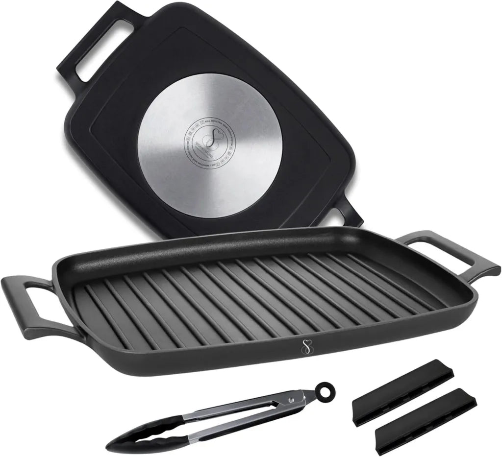 Grill Piastra Induzione Rettangolare Antiaderente, Rivestimento Greblon, Adatto per Forno e Gas, Senza Sostanze Nocive