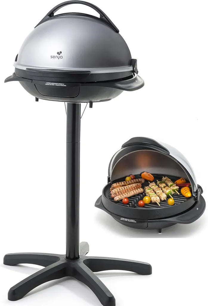 Griglia Elettrica Senya 2 in 1 con Supporto e Tavolo, Superficie 40 cm, Piastra in Alluminio, Coperchio Removibile, 2200W