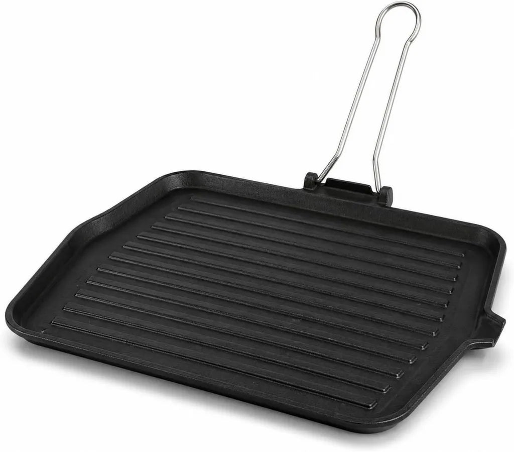 Piastra in ghisa 28x36 cm con manico pieghevole, ideale per grigliare carne e verdure
