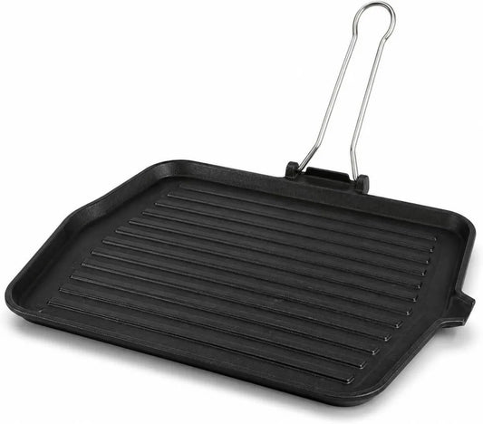 Piastra in ghisa 28x36 cm con manico pieghevole, ideale per grigliare carne e verdure