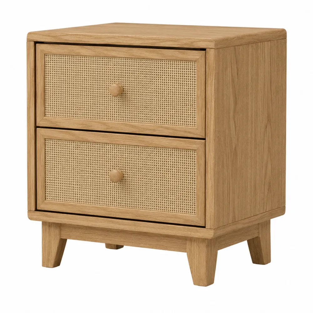 Comodino in legno e rattan marrone chiaro con 2 cassetti