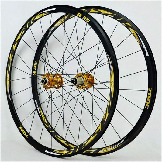 Ruote per Bici da Corsa 700c, Cerchio in Lega Doppia Parete 30mm, Cuscinetto Sigillato, Compatibile con Freno Disco/V, 8-11 Velocità, QR, 1700g, Colore Oro
