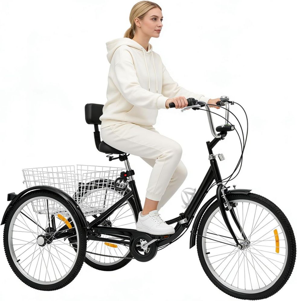 Triciclo pieghevole per adulti 24 in acciaio al carbonio con cestino, 7 velocità, portabottiglie e luci LED, sedile regolabile, supporto fino a 120 kg