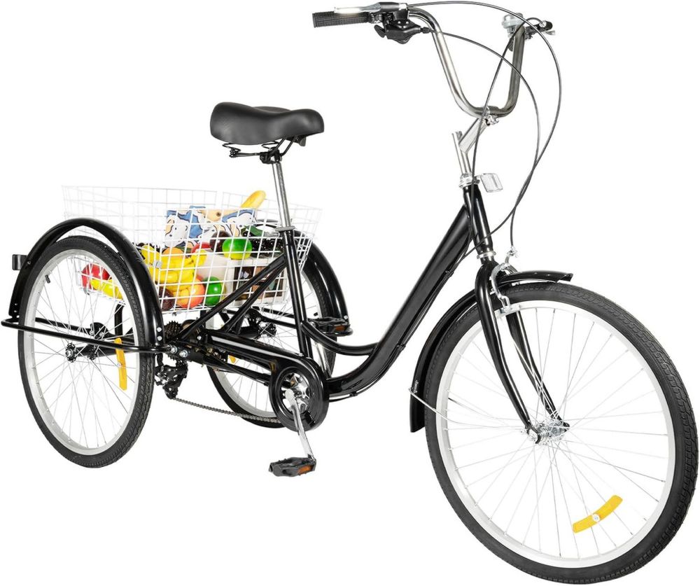 Triciclo per adulti 24 pollici, 8 marce, con cestino, carico 120 kg, nero