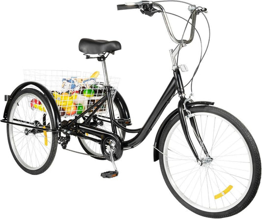 Triciclo per adulti 24 pollici, 8 marce, con cestino, carico 120 kg, nero