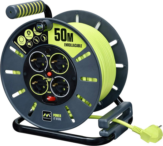 Masterplug Pro-XT Cavo di prolunga a quattro prese aperto con impugnatura di avvolgimento, cavo ad alta visibilità da 50 metri