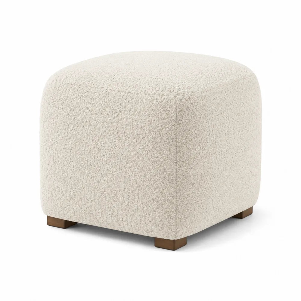 Poggiapiedi in tessuto bouclé beige con base in legno 40x40x45 cm