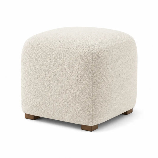 Poggiapiedi in tessuto bouclé beige con base in legno 40x40x45 cm