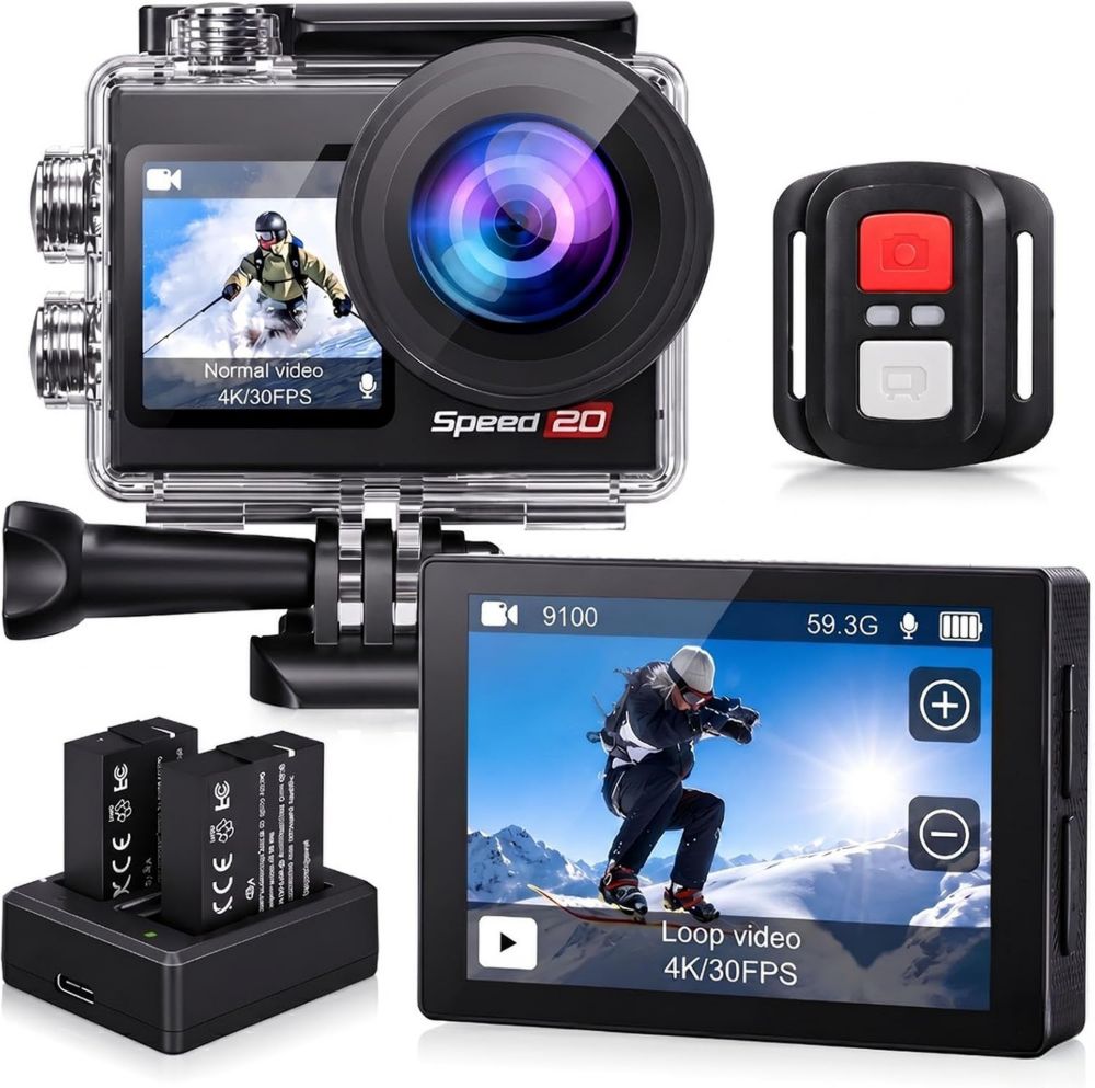 Videocamera d'Azione 4K 20MP Impermeabile con Schermo Tattile, Fotocamera Subacquea 40m, EIS per Snorkeling e Ciclismo, Grandangolo 170°, Telecomando WiFi, Zoom 5X