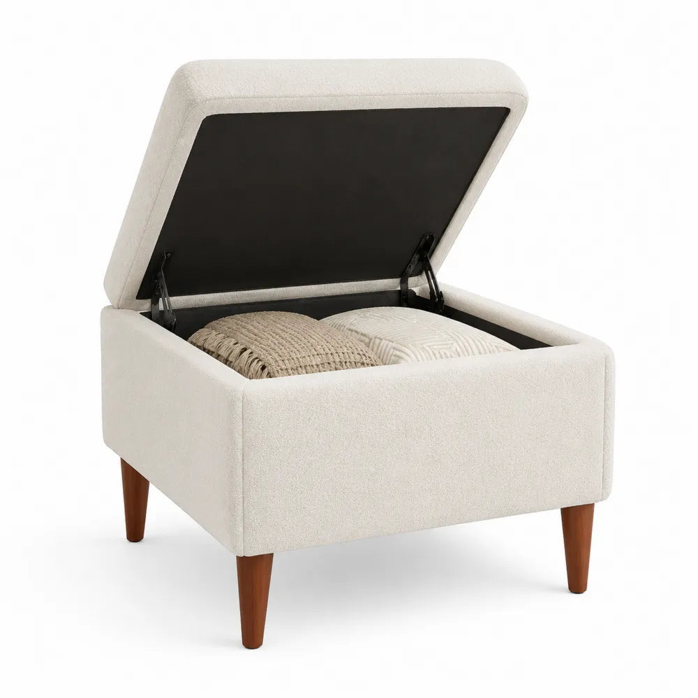 Poggiapiedi con Contenitore in Legno Massello e Tessuto Poliestere Beige