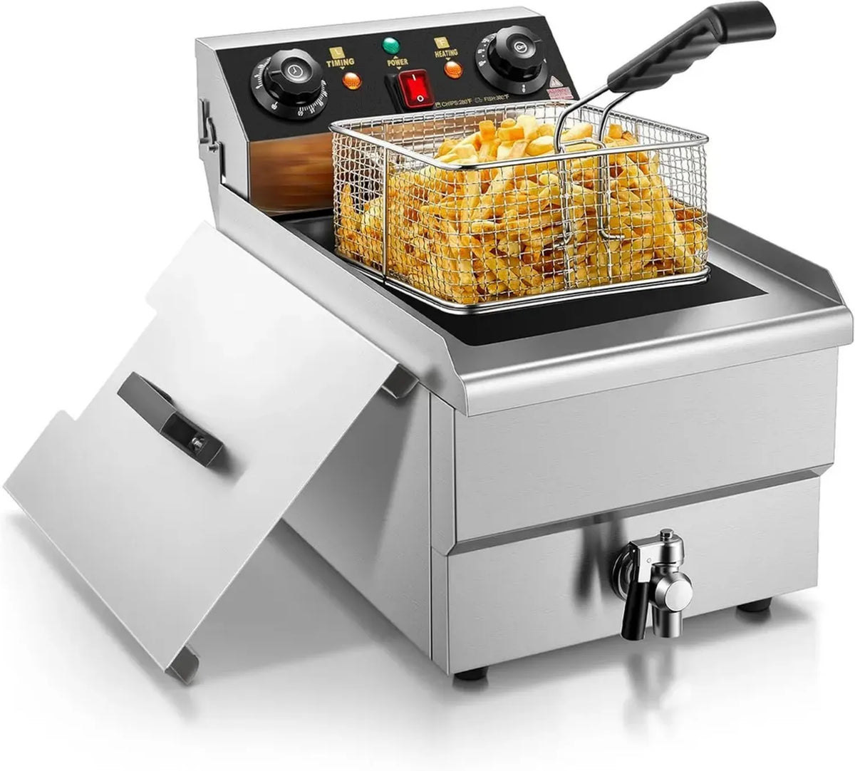 Friggitrice Elettrica FOHERE 11L con Scarico dell'Olio, 3000W, Cestello e Coperchio, Timer 60 Minuti, Controllo Temperatura 60-200°C per Ristoranti e Cucine
