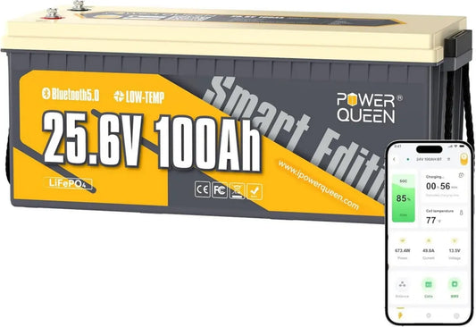 Batteria Litio 24V 100Ah LiFePO4 con Bluetooth, 15000 Cicli, 10 Anni di Vita, Protezione Congelamento, 100A BMS, Ideale per Barche e Sistemi Off-grid
