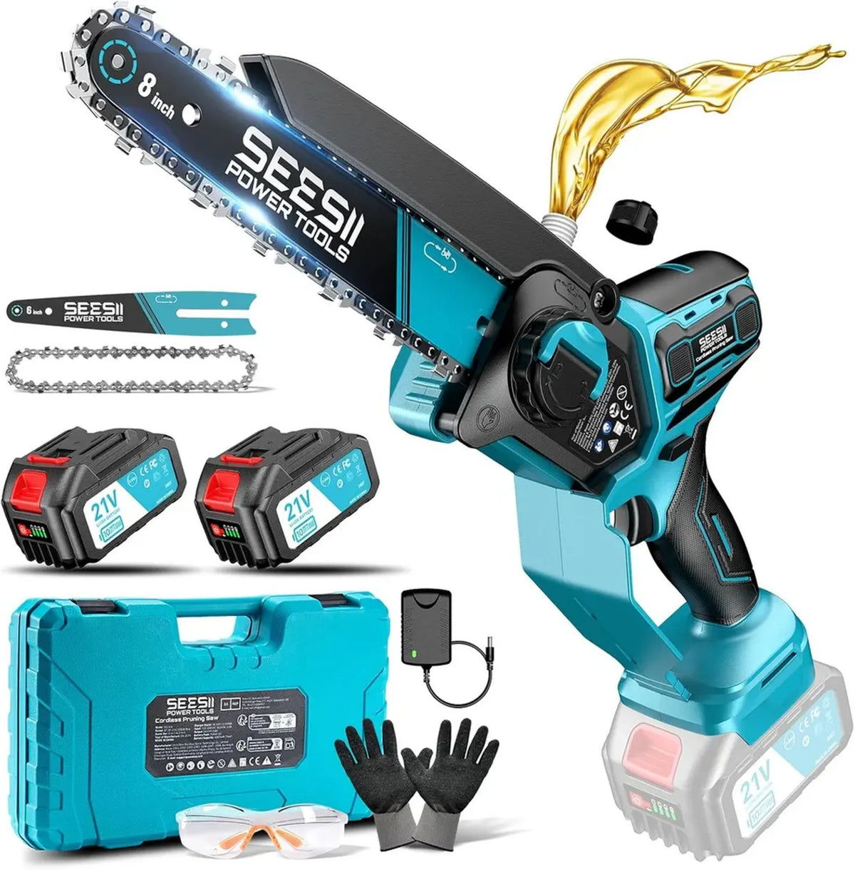 SEESII Motosega a Batteria 1000W con Lubrificazione Automatica e 2 Batterie 4000mAh