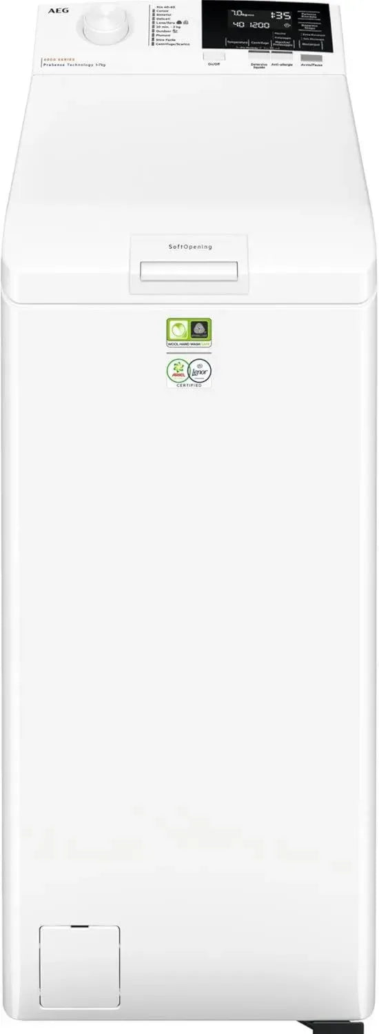 Lavatrice AEG Carica dall'Alto 6000, 7 kg, Classe A, ProSense, Display Touch, Eco TimeSave, 1251 giri/min, Soft Opening, Bianco
