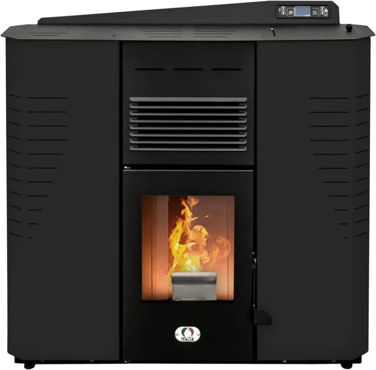 Stufa a Pellet Marmolada 13KW WiFi 5 Stelle - Ventilazione Aria, 89% Efficienza, 130m², 20 Ore Autonomia, 5 Velocità, Design Compatto, Garanzia 24 Mesi, Nero