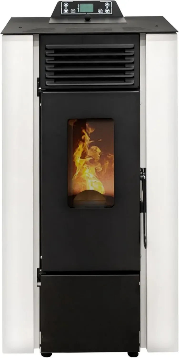 Stufa a Pellet 9 KW Qubo - Riscaldamento Efficiente 91% per 80m², Autonomia 21 Ore, Design Compatto, 5 Velocità, Garanzia 2 Anni, Bianco