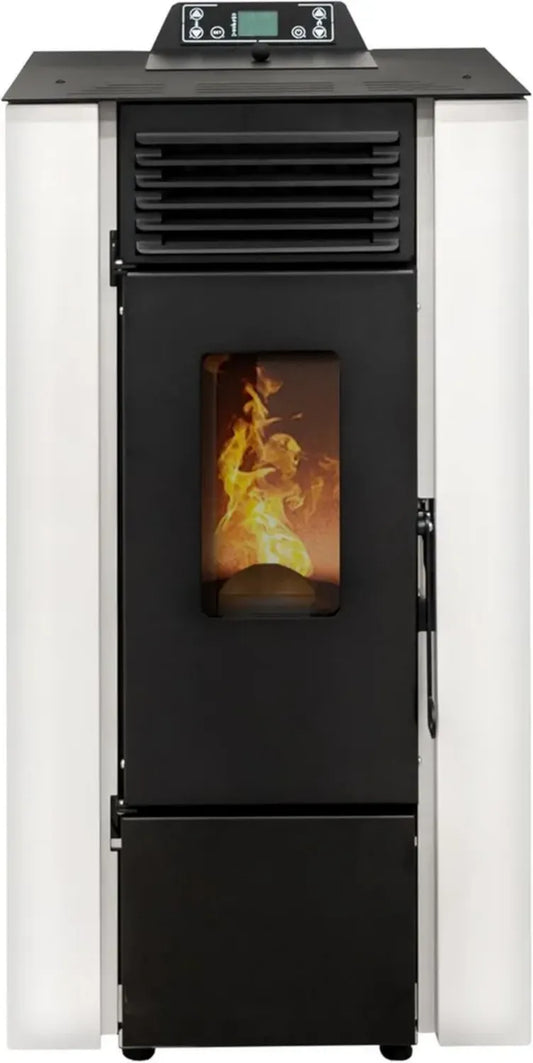 Stufa a Pellet 9 KW Qubo - Riscaldamento Efficiente 91% per 80m², Autonomia 21 Ore, Design Compatto, 5 Velocità, Garanzia 2 Anni, Bianco